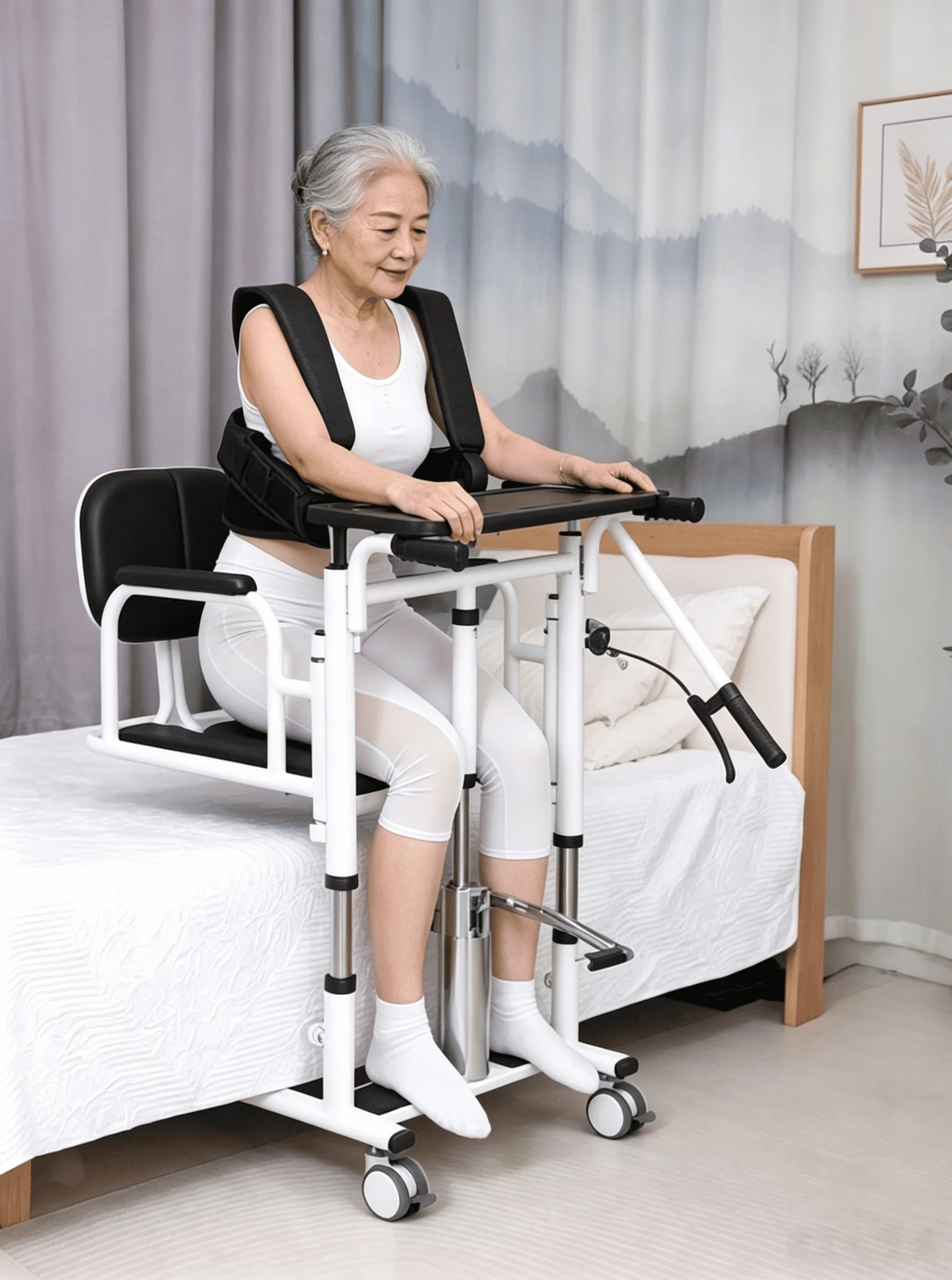 Patient transfer chair positioned next to a bed